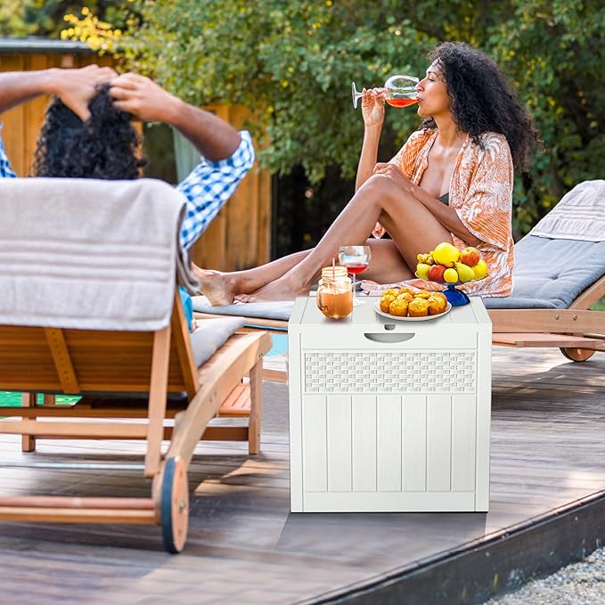 33 Gallon Resin Deck Box, Weatherproof Outdoor Storage Box for Patio, Garden and Yard, Lockable Waterproof Bin for Tools, Cushions, and Accessories, White