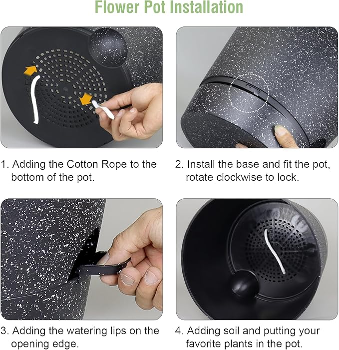 12 inch Large Self Watering Pots, Plant Pots with Mesh Drainage Holes for Indoor Outdoor Plants, Plastic Planters with Deep Reservoir for Garden House Flower Plants, Speckled Black