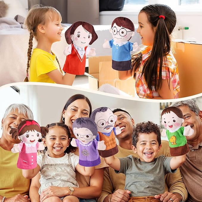 6 Pcs Family Hand Puppets 10 Inch Grandparents, Mom & Dad, Brother & Sister Plush Hand Puppet Toys Role-Play Toy Puppets for Kids Storytelling Imaginative Pretend Play Teaching Preschool(6 Family C)