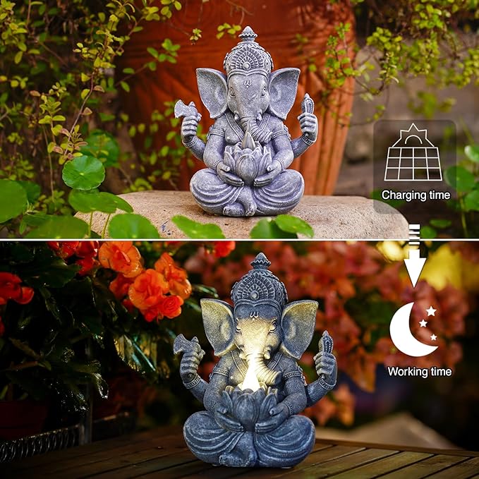 Goodeco Ganesha Statue with Solar Lotus - Hindu Elephant Statue Ganpati Idol Buddha Sculptures, Meditation Yoga Room & Garden Decor, 7.8 inches Tall (Ganesha)