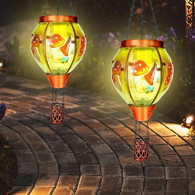 2 Pack Solar Hot Air Balloon Lantern with Flame,Mushroom Gnome Glass Solar Hanging Lanterns Outdoor for Outside Garden Patio Tree Porch Yard, Mushroom Gifts for Women Grandma Mom - Mushroom