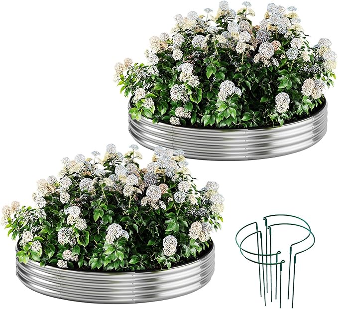 Galvanized Metal Planter Round Raised Garden Bed Kit for Gardening Outdoor,2x2x1ft 2pc Grow Garden Box Raised Flower Bed,Round Galvanized Planter Outdoor Metal Fire Pit Ring