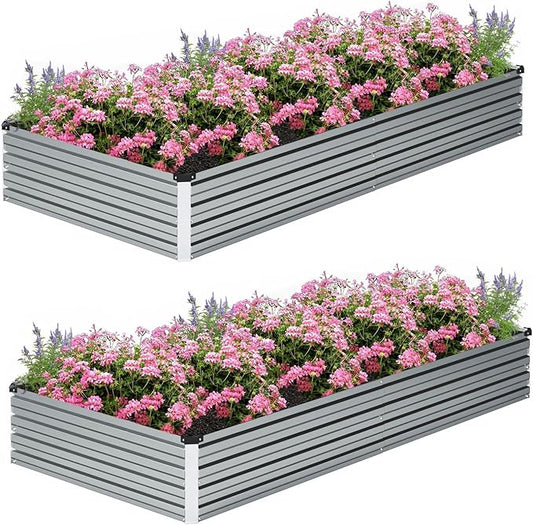 2 Pcs 8×2×1FT Galvanized Raised Garden Bed,Metal Planting Box for Outdoor Vegetable, Herb,Planter Gardening (Silver)