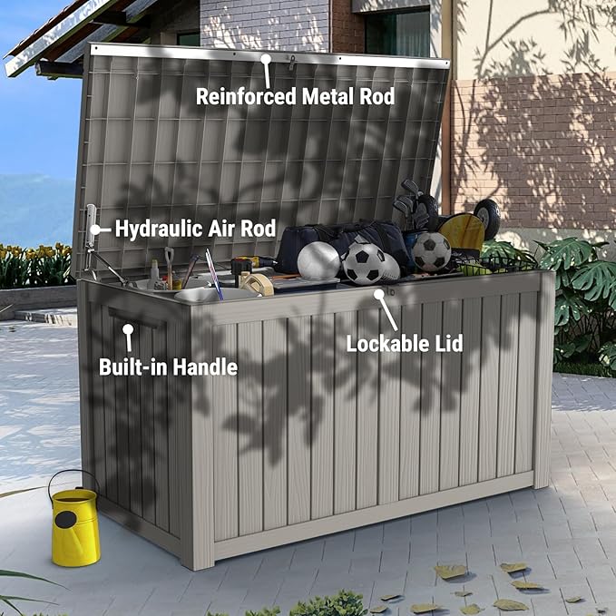 Mars Villa 180 Gallon Outdoor Storage Box Waterproof, Extra Large Resin Deck Box, Outside Storage Bin for Patio Furniture Cushions, Pool Supplies, Sports Gear, UV Resistant and Weatherproof, Greige