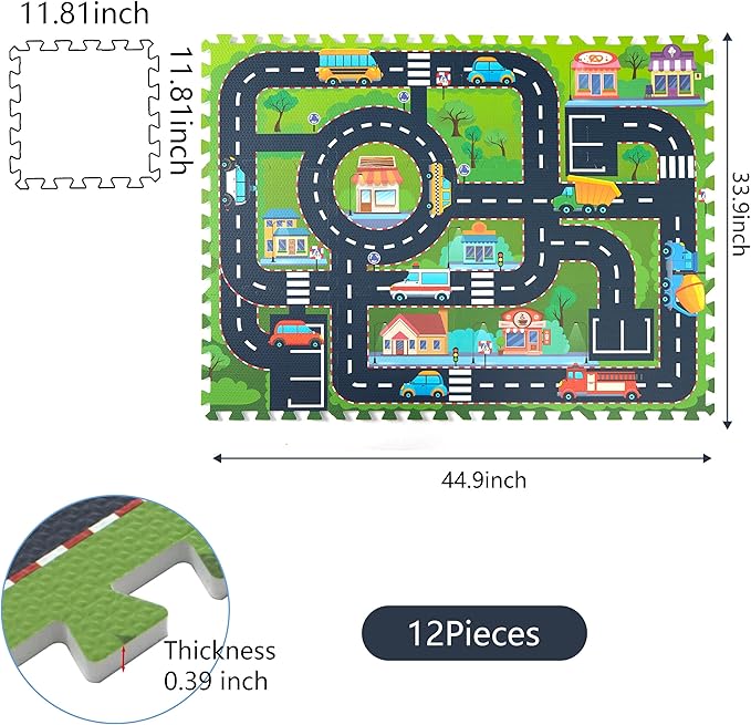 Foam Play Mat for Baby, Interlocking Foam Tiles, City Road Track Puzzle Mat 12 Pieces