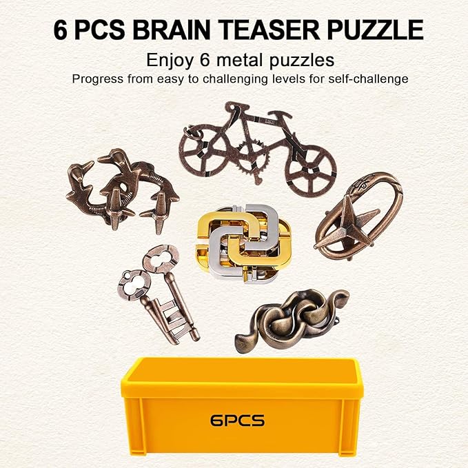 6 PCS Metal Brain Teaser Puzzles Logic Metal Puzzle for Adult Kid Toy Lock Puzzles Gift for Adults Teenagers Kids