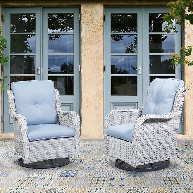 Outdoor Patio Swivel Rocker Chairs - Wicker Rattan Patio Swivel Rocking Chairs Set of 2 with High Back,Deep Seating and Comfort Cushions for Deck Porch Garden,Light Grey/SkyBlue