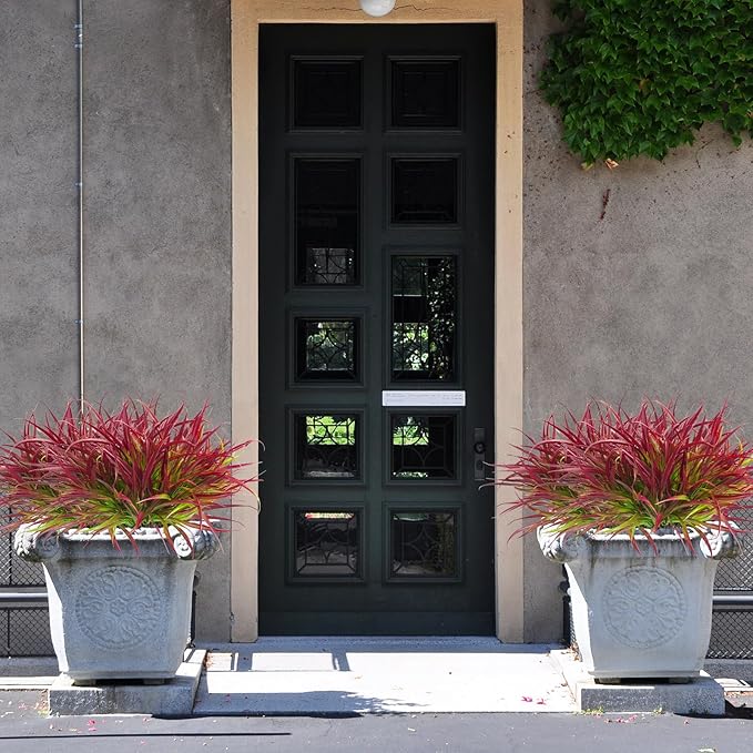 Uieke 12 Bundles Artificial Outdoor Plants UV Resistant Fake Grass Plants Faux Plastic Plants Greenery Shrubs for Home Garden Pathway Window Box Front Porch Spring Summer Decor, Deep Red