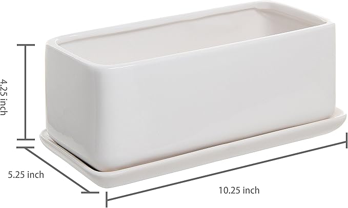 MyGift 14 Inch Modern Unglazed White Ceramic Indoor Plant Pot with Drainage Hole, Rectangular Succulent Planter Window Box with Removable Saucer, White (10 inch - 1 Pack)