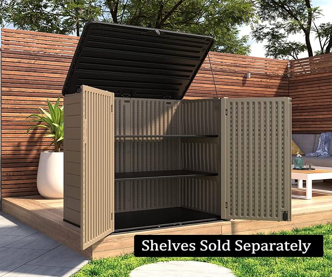 HOMSPARK Storage Shed Weather Resistance, Multi-Purpose Outdoor Storage Cabinet for Backyards and Patios, Horizontal Storage Shed for Lawnmower, Patio Accessories (Coffee, X Large - 48 cu.ft)