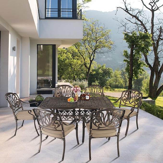 Outvita 59inch Patio Dinning Table, Outdoor Cast Aluminum Large Rectangle Table with Umbrella Hole and Antique Design for Backyard Pool Balcony Deck