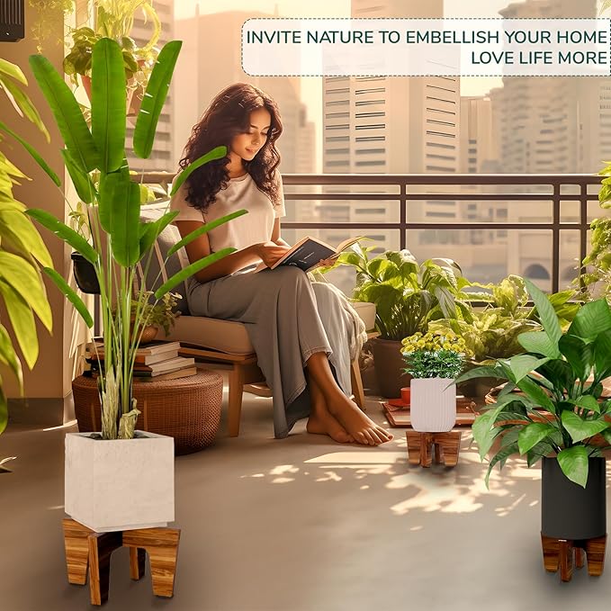 Plant Stands Indoor , Acacia Wood Boho Mid-Century Plant Holder, Modern Minimalist Wooden Pedestal Stand, Fits Up To 12” & 6.5” Pots (2-Pack M&S Size, Pots Not Included)