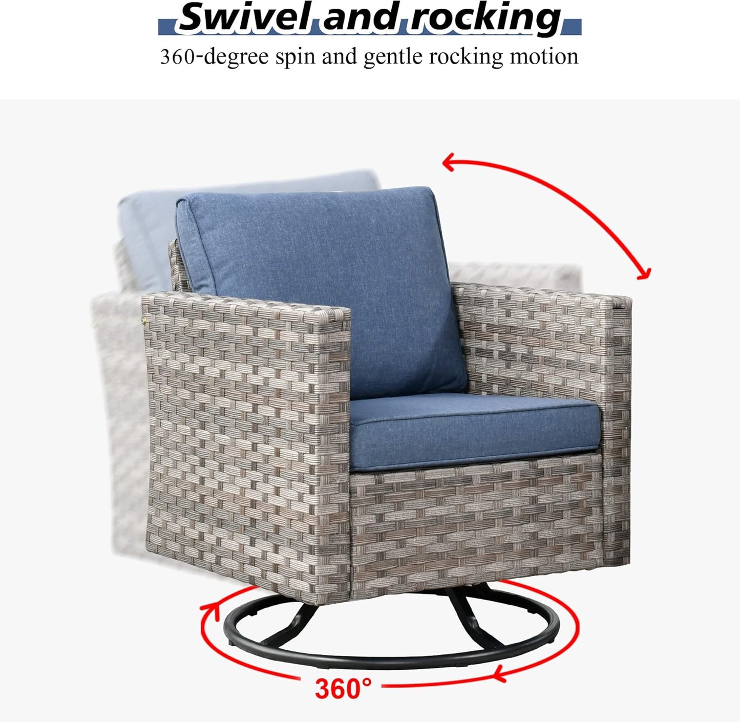 HOOOWOOO 9 Piece Modular Patio Outdoor Sectional Furniture Set with Gas Propane Fire Pit Table,Wicker Conversation Sofa Set with Swivel Chairs,Outside Couch Set(Denim Blue)