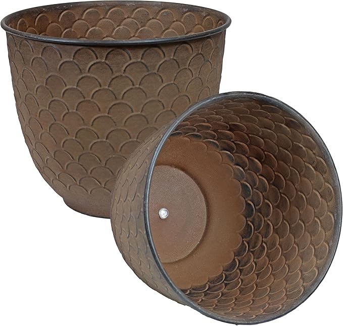 Sunnydaze Dinah 12.5" Metal Outdoor Plant Pot Set with Drainage Holes and Rubber Plugs - Matte Brown - Set of 2