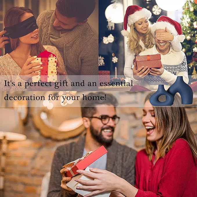 CEMABT Blue Ceramic Vase Set of 2 for Modern Minimalist Bohemian Decor,Round Matte Donut Vases for Pampas Grass-Perfect for Living Room, Dining Table, Office Bedroom Shelf Decor Entryway, Console