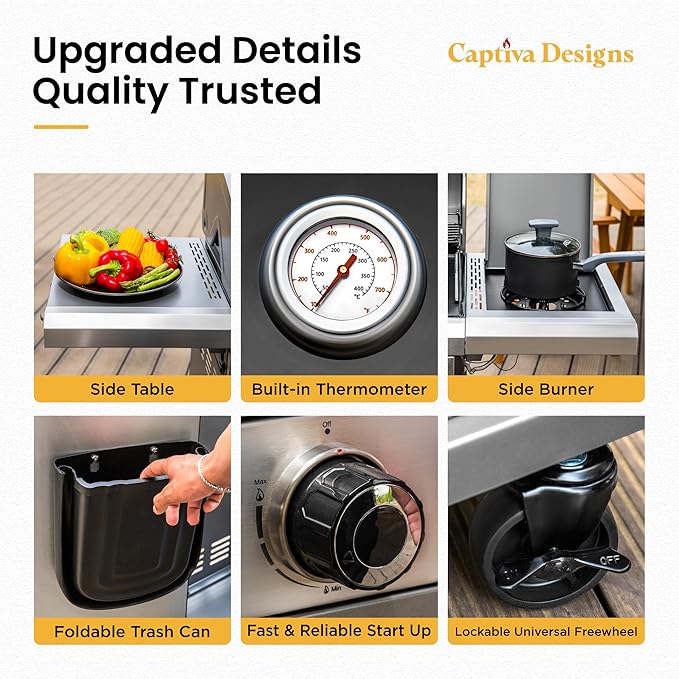 Captiva Designs 6-Burner Propane Gas BBQ Grill with Side Burner & Porcelain-Enameled Cast Iron Grate and Plate for Outdoor Barbucue Events, 52,000 BTU Output,740 SQ.IN. Cooking Area,Heavy Duty