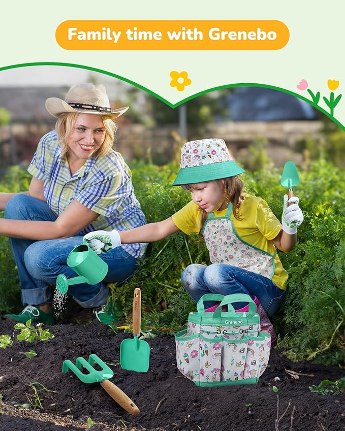 Kids Gardening Set Toys,Includes Metal Trowel,Transplanting Shovel,Garden hat,Rake,Apron,Gloves,Watering Can,and Tool Organizer Bag (Lake Green)