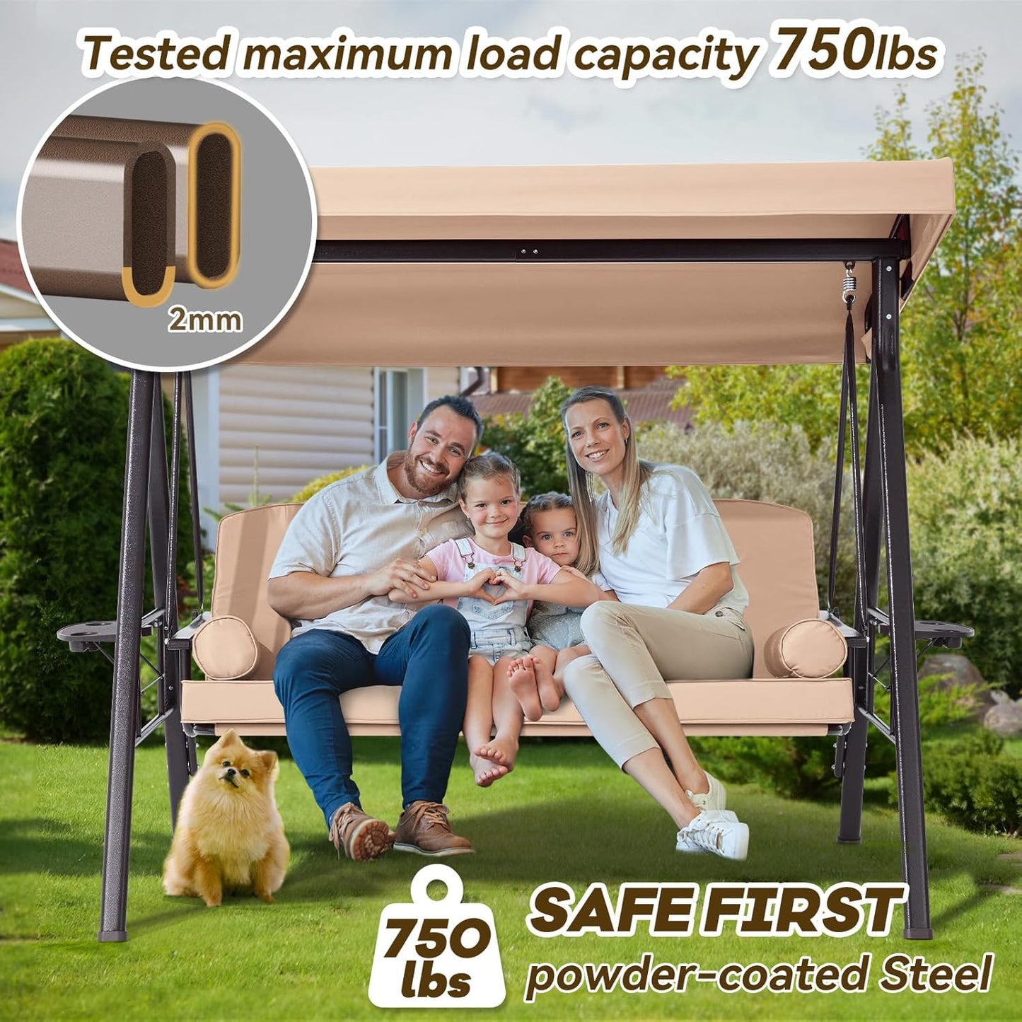3 in 1 Outdoor Porch Swing with Adjustable Canopy, 3 Seat Outdoor Swing for Adults, Patio Swing Chair with Thickened Cushions,Pillows & Cup Holders for Backyard, Porch, Garden(Khaki)