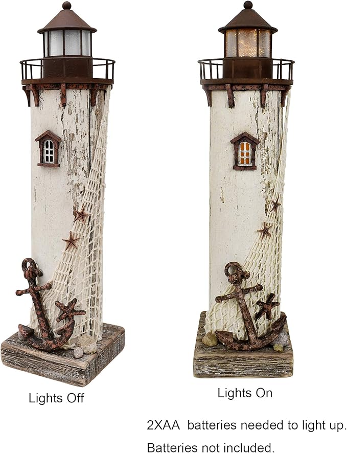 Wooden Lighthouse Decor with Light, Decorative Nautical Lighthouse Nightlight Rustic Ocean Sea Beach Themed Lighthouse Decoration