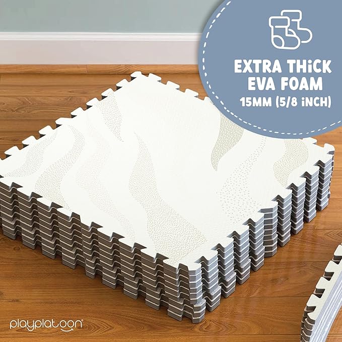 Play Platoon Non-Toxic Large Kids Mats for Floors, 9 Tile 72 x 72 inch, Puzzle Mat Pieces with Border, Extra-Thick Interlocking Tiles, 24 x 24 in, Neutral Playmat Rug for Toddlers & Children