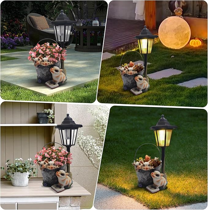 Outdoor Pigs Statues Solar Sculptures with Solar Lights and Flowerpot Funny Garden Decor Animal Figurines Resin Outdoor Statues for Patio Yard Lawn Balcony Gifts