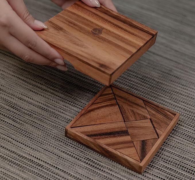 Premium Wooden Tangram - Luxury Wooden Brain Teaser Block for Kids & Adult - Wood Block Puzzle - Logic Puzzle - STEM Montessori Educational Sensory Toys for All Ages