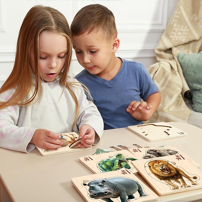 QUOKKA Realistic Wooden Puzzles for Toddlers 1-3 Year Old - 5,9 x5,9 Inches Kids Puzzles Ages 2-4 - Safari Montessori Toddler Toys - Motor Skills Games Gifts for Boys and Girls