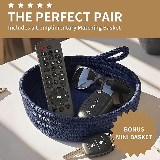 125L Extra Large Blanket Basket, 25" x 16", Jumbo Laundry Woven Basket Decorative Home, Cotton Rope Basket with Handles, Baby Toy Basket for Storage, Gradual Blue