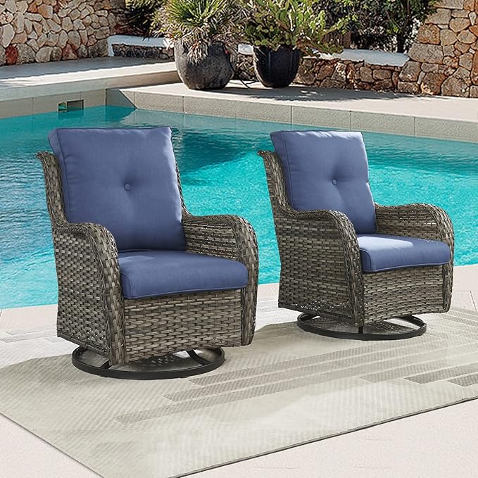 Outdoor Patio Swivel Rocker Chairs - Single Wicker Rattan Patio Swivel Rocking Chair with High Back,Deep Seating and Comfort Cushions for Deck Porch Garden,Mixed Grey/Blue