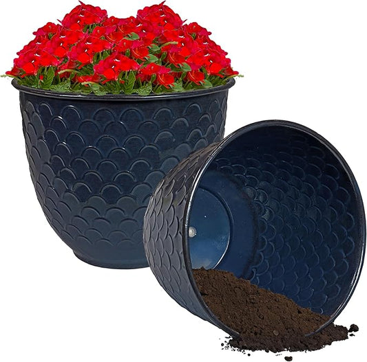 Sunnydaze Dinah 12.5" Metal Outdoor Plant Pot Set with Drainage Holes and Rubber Plugs - Navy Glaze - Set of 2