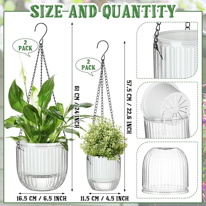 Maxcheck 4 Pcs Self Watering Hanging Planters Indoor 6.5'' 4.5'' Hanging Flower Pots Baskets Outdoor Self Watering Hanging Plant with 3hooks Drainage Holes for Home(Transparent)