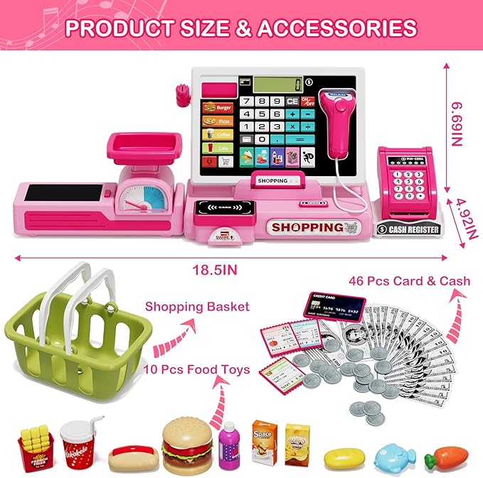 63PCS Cash Register for Kids, Kids Cash Register with Real Calculator, Pretend Play Store with Music/Motorized Conveyor/Play Money/Food Toys, Learning Toys for Boys Girls 3+, Pink