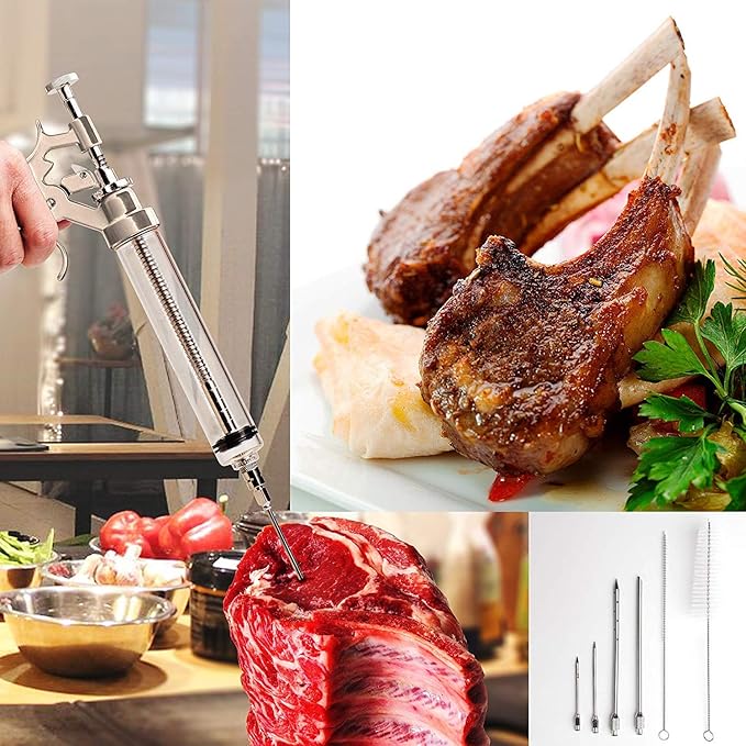 Meat Injector Syringe Stainless Steel Outdoor Meat Kit Marinade Flavor Food Injector Syringes with 4 Marinades Needles Grill Smoker Injectors Professional Syringe Held Culinary Barbecue Tool For BBG