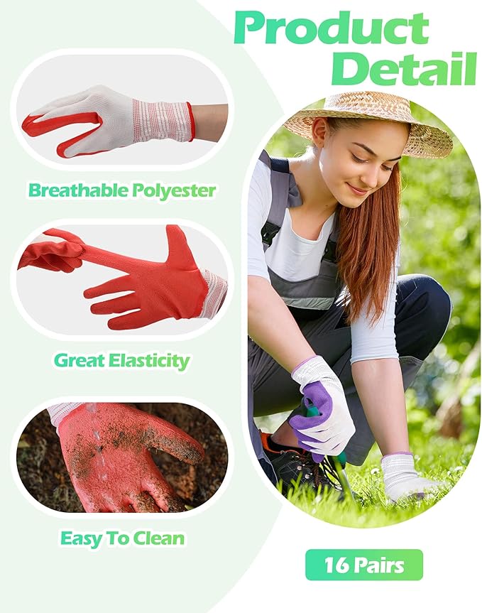 Irenare 16 Pairs Gardening Gloves Bulk for Women Breathable Rubber Coated Yard Garden Gloves Outdoor Protective with Grip