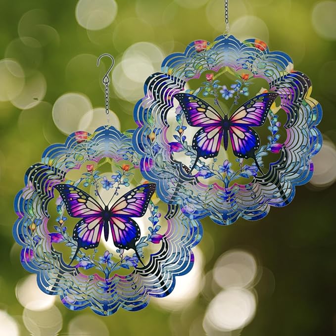 Wind Spinners 2 Pack Metal Butterfly - Butterfly Gifts for Women Mom Grandma Wife, Hanging Wind Spinner for Outdoor & Indoor Decorations, 12 inch 3D Wind Spinner for Ornament Gifts