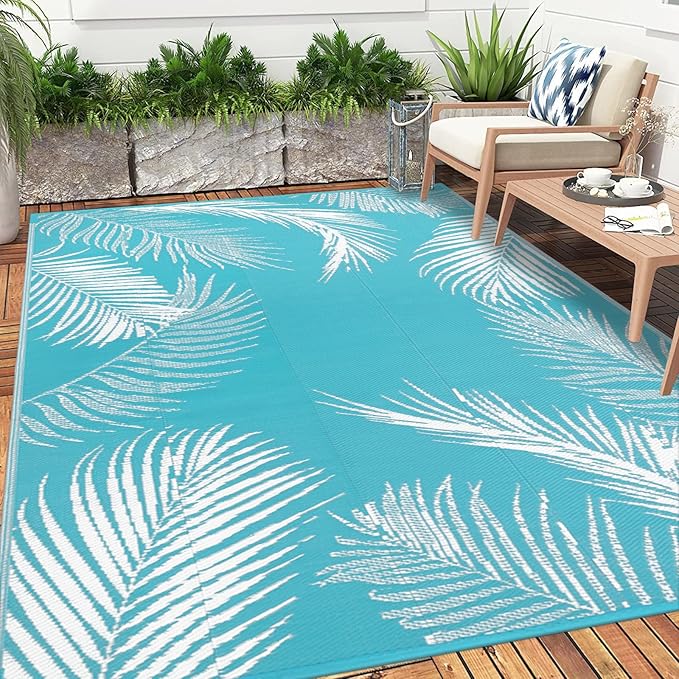 Pauwer Waterproof Outdoor Rug 8x10, Reversible Plastic Straw Patio Camping Rug, Indoor Outdoor RV Mat Carpet for Deck, Camper, Porch, Balcony, Backyard, Picnic, Leaf Teal