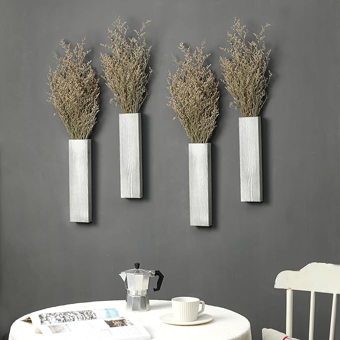 Wood Wall Planter 4 Pack Wall Decor for Artificial Flower Plants Wooden Plants Holders Wall Plant Pocket Vase Hanging for Living Room Bedroom Dining Room Bathroom Indoor Decroation (Light Grey)