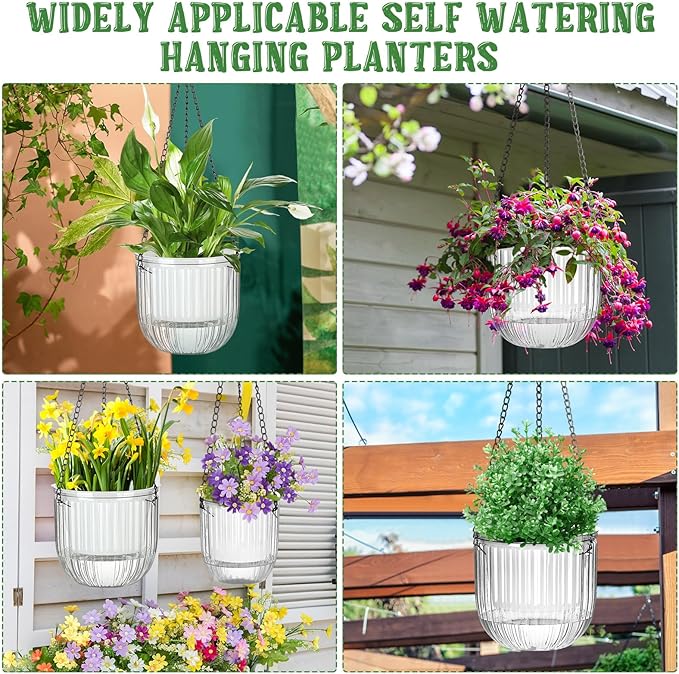 Maxcheck 4 Pcs Self Watering Hanging Planters Indoor 6.5'' 4.5'' Hanging Flower Pots Baskets Outdoor Self Watering Hanging Plant with 3hooks Drainage Holes for Home(Transparent)
