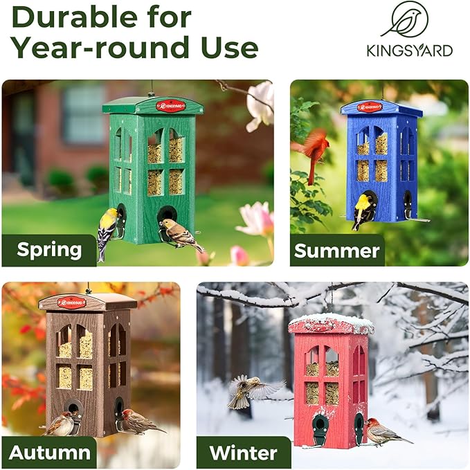 Kingsyard Upgraded Rainproof Bird Feeder for Outdoor Hanging - Metal Feeding Port, Recycled Plastic Wild Bird Feeder with Metal Mesh Tray for Goldfinch Small Bird, Garden Yard Decoration, Green