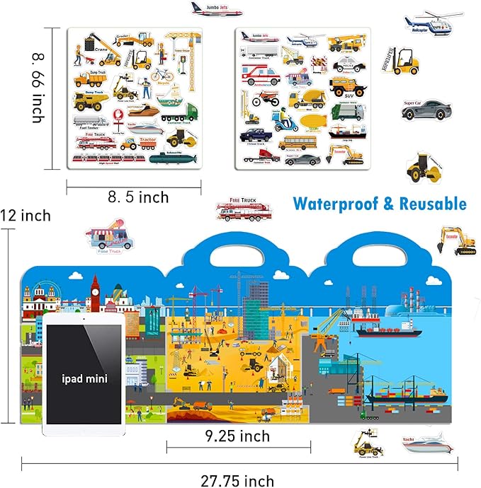 Reusable Sticker Book for Kids, 45pcs Vehicles Cars 3D Jelly Stickers Toddlers Activity Book for Boys Girls Road Trip Toddler Airplane Train Travel Essentials Toy