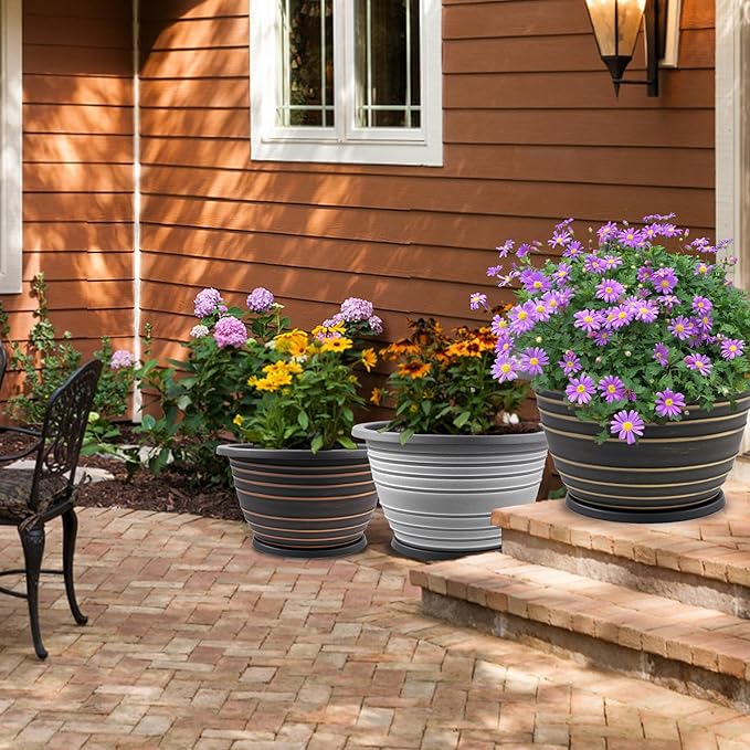 12 inch pots for Plants,Large 3 Pack Outdoor Flower Pots with Saucer and Drainage Holes, Plastic Plant Pots,Retro Antique Imitation Decorative Garden Containers Sets for Houseplant(White)