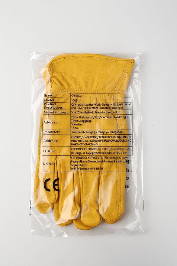 OZERO Flex Grip Leather Work Gloves Stretchable Wrist Tough Cowhide Working Glove 1 Pair (Gold, Large)