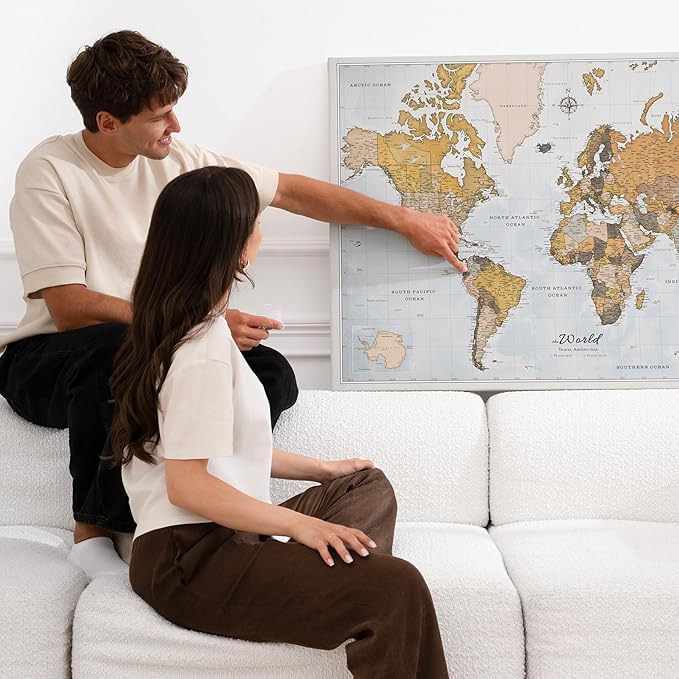 Canvas World Map with Cork Pin Board - English Lettering - Decorative Wall Decoration for All Rooms - Canvas Pictures with World Map Motif (150x100 cm, Pattern 14)