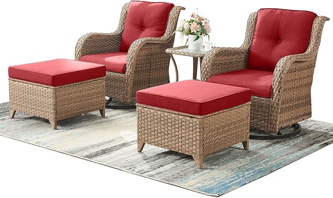 Outdoor Wicker Patio Furniture Set - 5 Pieces Rattan Patio Conversation Set with 2 Rocking Swivel Chairs,2 Ottomans and 1 Side Table for Porch Deck Backyard Garden(Yellow/Red)