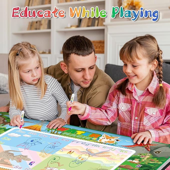 60×40 Inches Water Doodle Mat Kids Mess Free Coloring for Toddlers 3 4 5 6 7 8 9 Years, Large Doodle Mat with 4 Magical Water Color Pens 0-9 Number Template Educational Toys