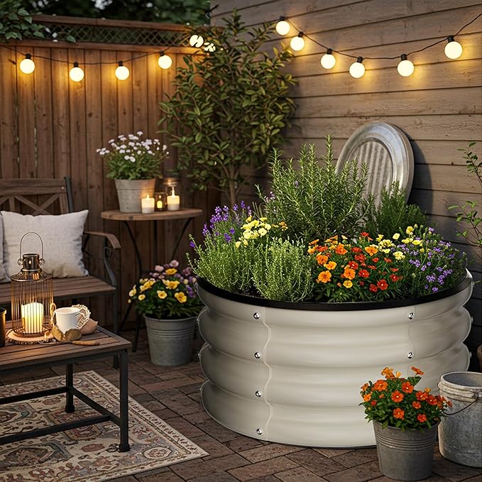 ZXZYHFTY Round Galvanized Raised Garden Bed kit,White Outdoor Garden Raised Planter Box, Round Large Metal Raised Garden Beds for Vegetable 2 * 2 * 1ft 2 Pcs