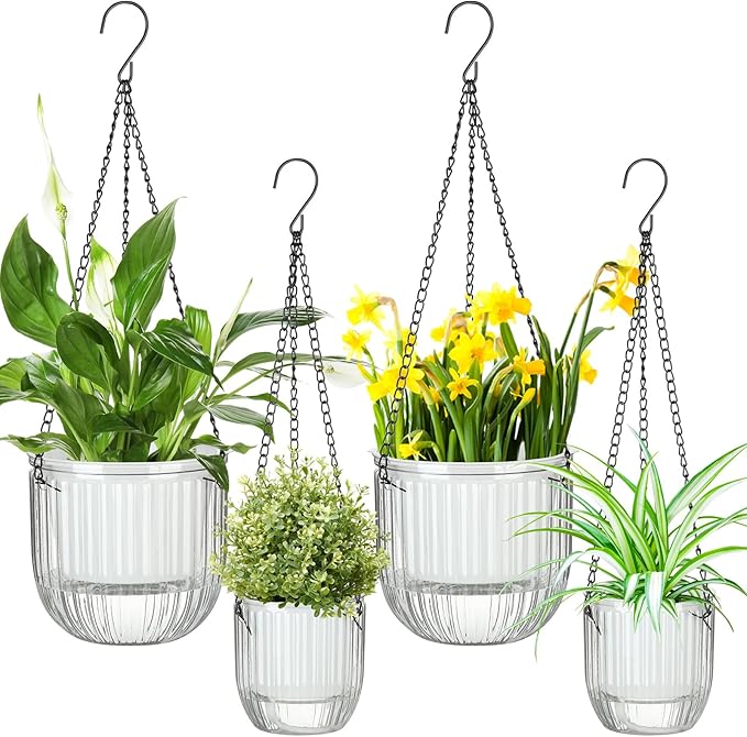 Maxcheck 4 Pcs Self Watering Hanging Planters Indoor 6.5'' 4.5'' Hanging Flower Pots Baskets Outdoor Self Watering Hanging Plant with 3hooks Drainage Holes for Home(Transparent)