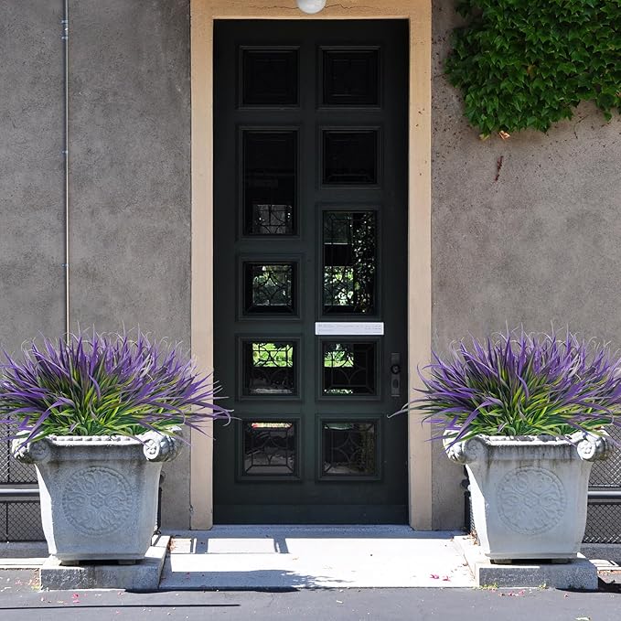 Uieke 6 Bundles Artificial Outdoor Plants UV Resistant Fake Grass Plants Faux Plastic Plants Greenery Shrubs for Home Garden Pathway Window Box Front Porch Spring Summer Decor, Purple