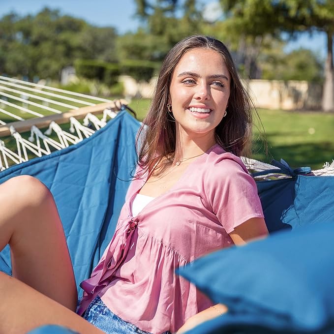 ANOW 2 Person Hammock with Detachable Large Hammock Pad and Pillow, for Garden Yard Outside, 450 LBS Weight Capacity, Blue