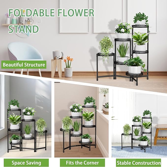 6 Tier Metal Plant Stand Indoor,31.5in Tall Corner Plant Stands Outdoor,Black Folding Tiered Flower Display Holder Rack Shelf Patio Garden Multiple Plants